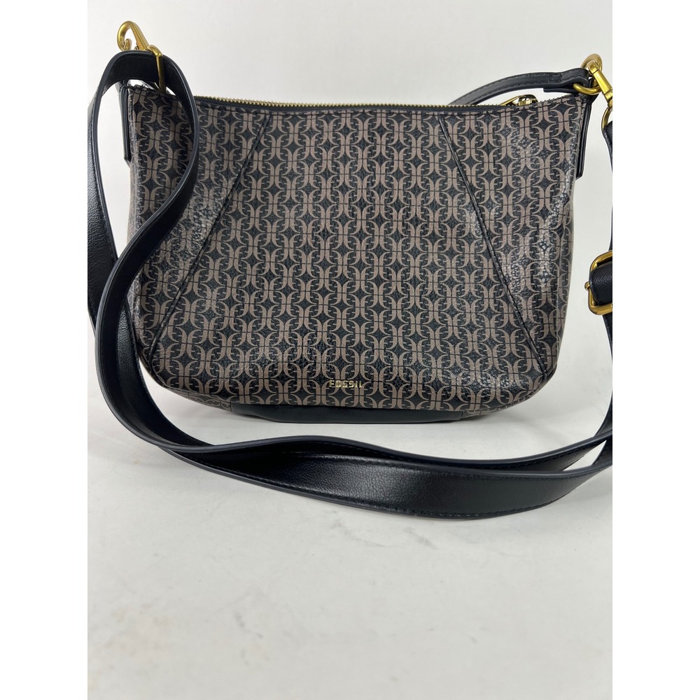 Fossil Signature Monogram Crossbody Bag Brown Black Logo Hobo Gold Hardware